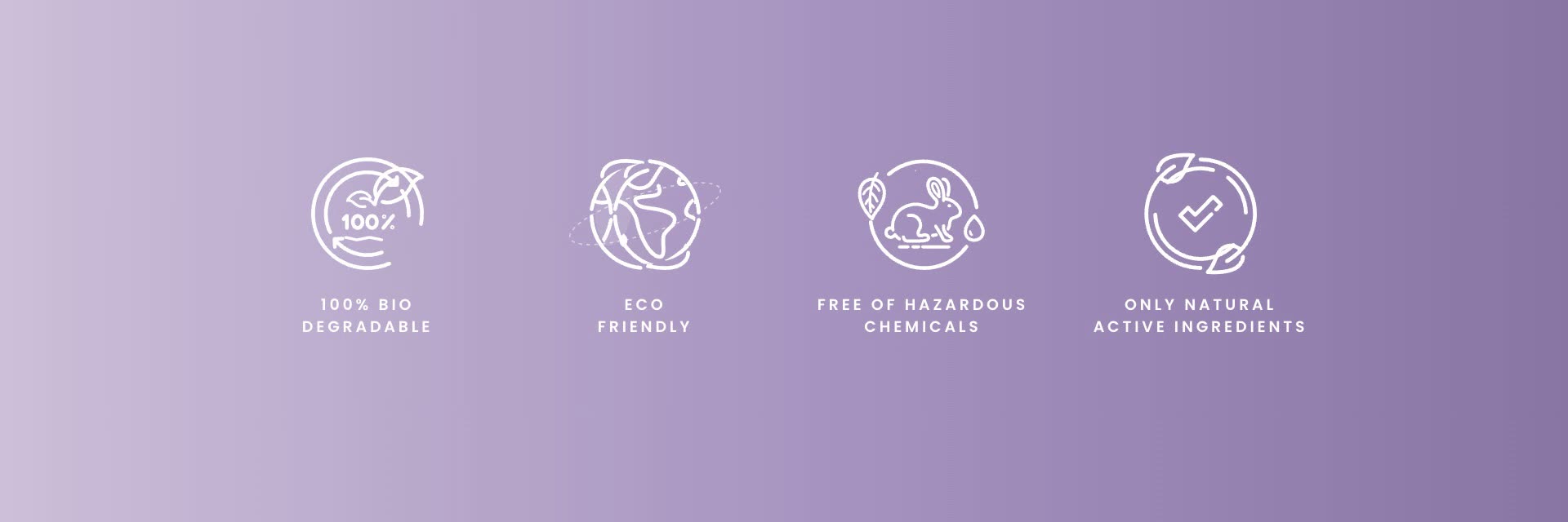 Brand values icons: 100% biodegradable, eco friendly, free of hazardous chemicals, only natural active ingredients